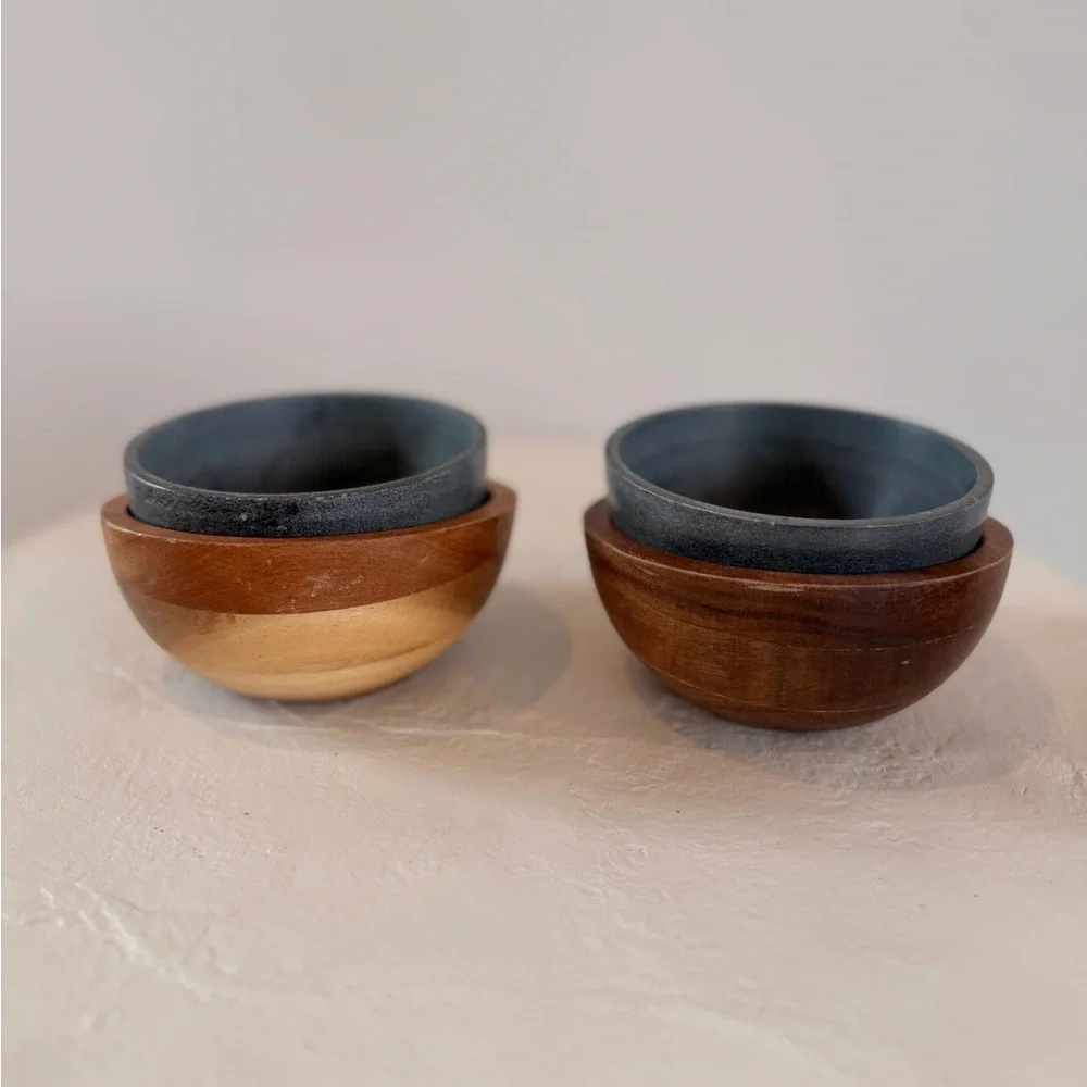 SOAPSTONE & WOOD ICE CREAM BOWL SET FREEZABLE BOWL INSULATING WOOD BOWL MODERN - Picture 6 of 9